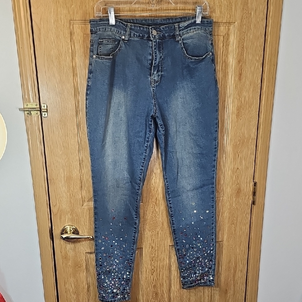 Elegant Blue Embellished Skinny Jeans